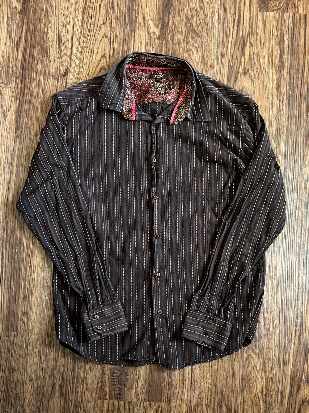 Men's Brown 100% Cotton Pinstripe Long-Sleeve Button-Up Shirt